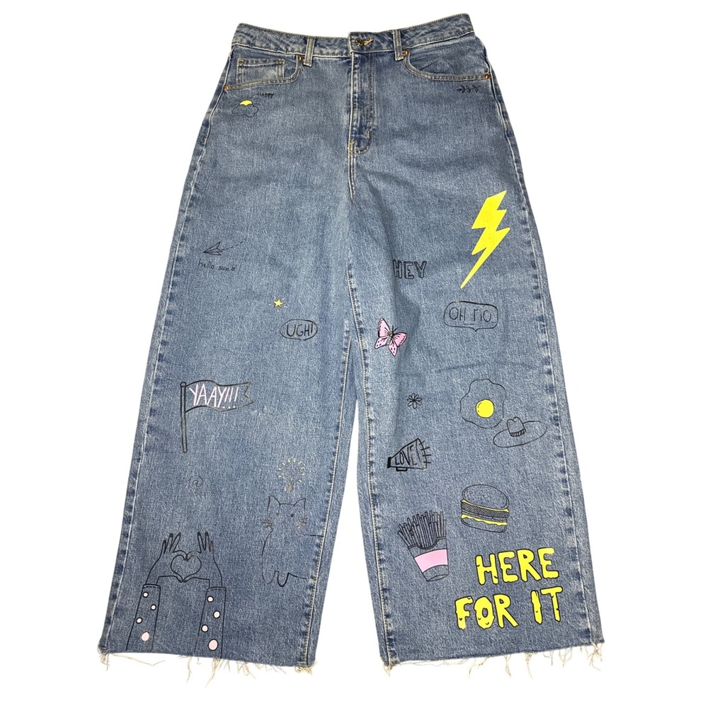 wild fable Wide Leg Flare Jeans with Yellow & Pink Graphic Accents